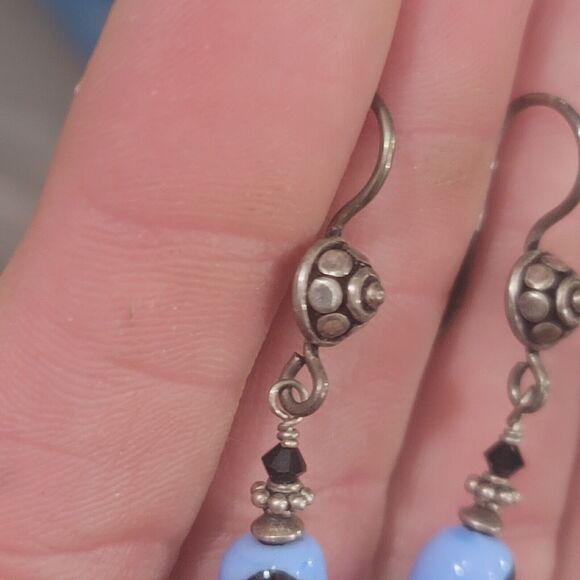 925 Sterling Silver Blue Glass 3" Dangle Earrings - Picture 5 of 7